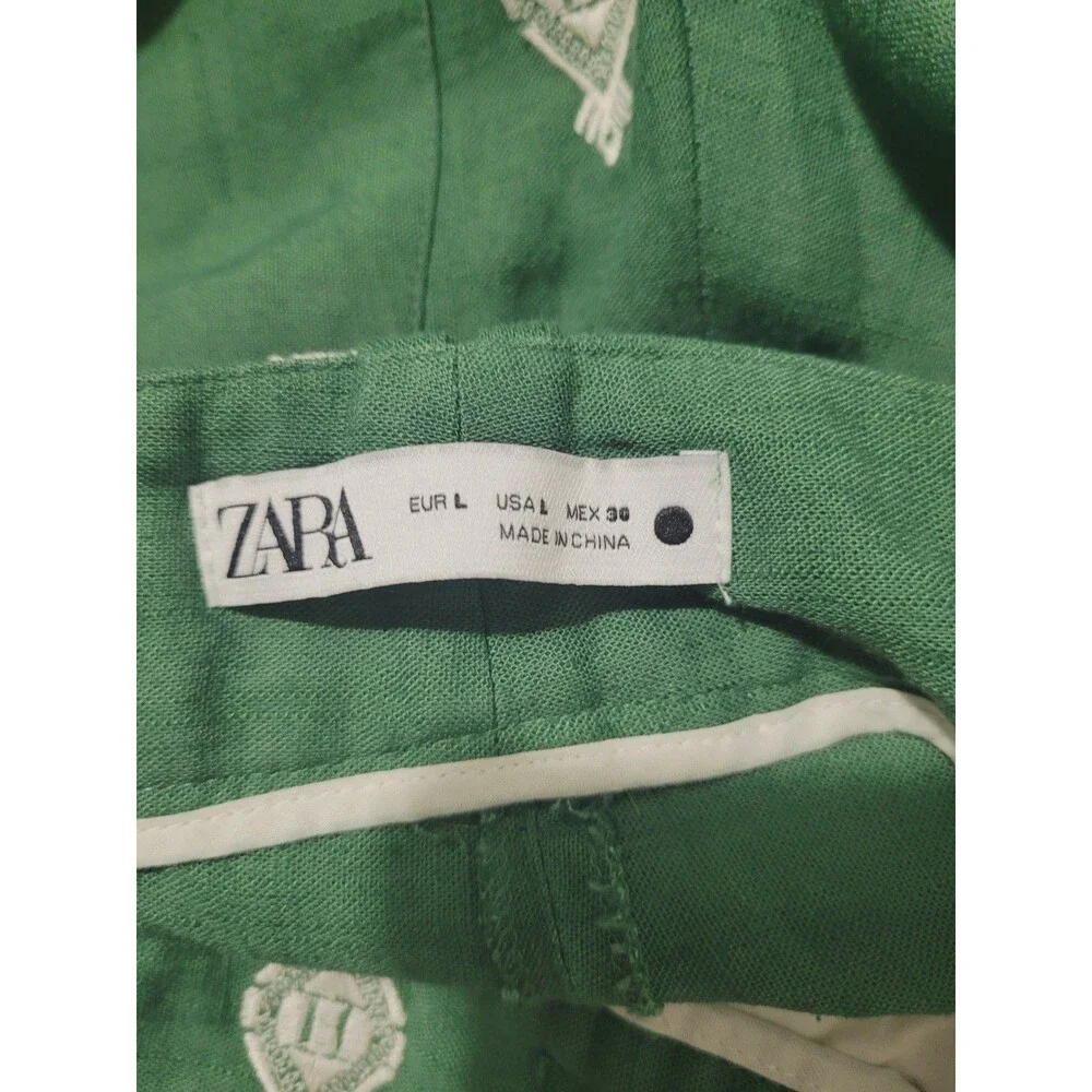 Zara Large pants linen embroidered geometric zip wide leg pockets green